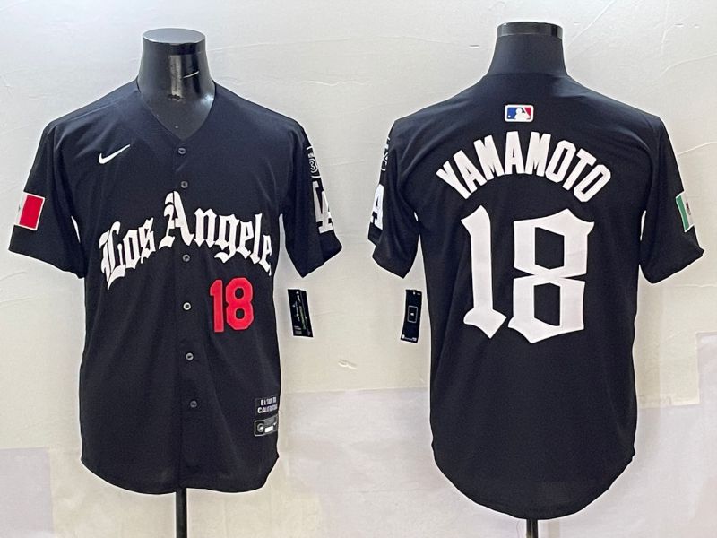 Men Los Angeles Dodgers 18 Yamamoto Black Five generations Joint Name 2025 Nike MLB Jersey style 2
